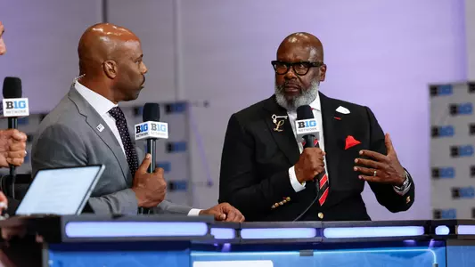 Michael Locksley being interviewed on BTN studio set at 2025 Big Ten Media Day