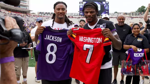 Malik Washington and Lamar Jackson at Ravens Practice.