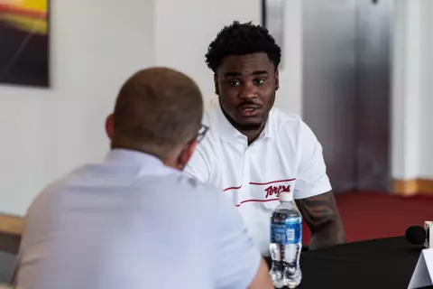 Linebacker Carlton Smith (32)
Photos from Fall Camp Press Conference at Tyser Tower in College Park, MD on Wednesday, Aug. 5, 2026.
Gabriella Valencia/Maryland Terrapins