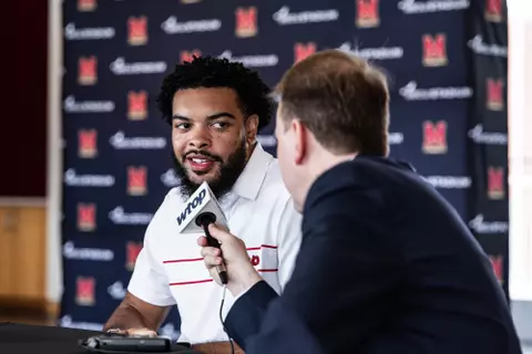Defensive Back Lavain Scruggs (2)
Photos from Fall Camp Press Conference at Tyser Tower in College Park, MD on Wednesday, Aug. 5, 2026.
Gabriella Valencia/Maryland Terrapins