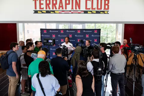 Quarterback Malik Washington (7)
Photos from Fall Camp Press Conference at Tyser Tower in College Park, MD on Wednesday, Aug. 5, 2026.
Mackenzie Miles/Maryland Terrapins