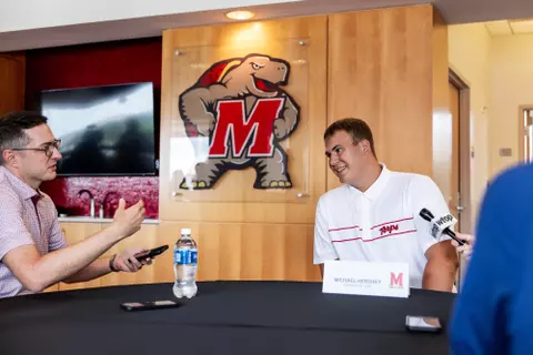 Offensive Lineman Michael Hershey (61)
Photos from Fall Camp Press Conference at Tyser Tower in College Park, MD on Wednesday, Aug. 5, 2026.
Mackenzie Miles/Maryland Terrapins