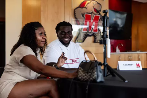 Offensive Lineman Isaiah Wright (74)
Photos from Fall Camp Press Conference at Tyser Tower in College Park, MD on Wednesday, Aug. 5, 2026.
Mackenzie Miles/Maryland Terrapins