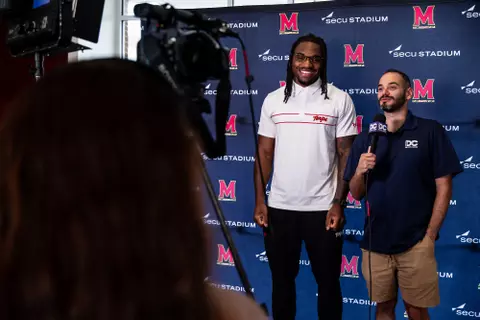 Defensive Lineman Zahir Mathis (9)
Photos from Fall Camp Press Conference at Tyser Tower in College Park, MD on Wednesday, Aug. 5, 2026.
Mackenzie Miles/Maryland Terrapins