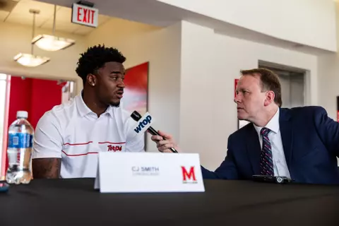 Linebacker Carlton Smith (32)
Photos from Fall Camp Press Conference at Tyser Tower in College Park, MD on Wednesday, Aug. 5, 2026.
Mackenzie Miles/Maryland Terrapins