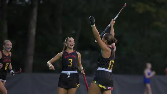 Jordyn Hollamon celebrates a goal against Towson