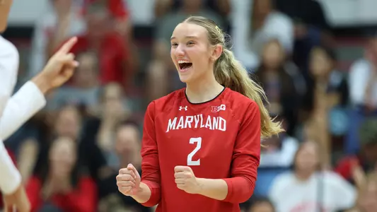 Raina Chwialkowski celebrates an ace against Seton Hall