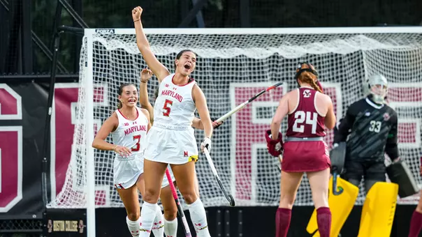 Francisca Eschoyez celebrates a goal against Boston College