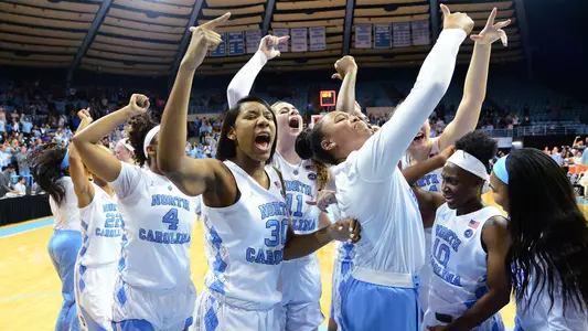 Jaelynn Murray and the Tar Heels celebrate their win over Duke.