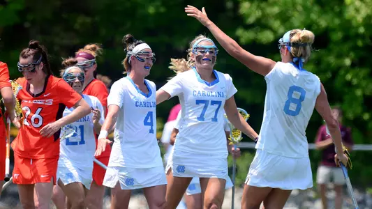 Marie McCool (4), Olivia Ferrucci (77), Katie Hoeg (8)
University of North Carolina Women's Lacrosse v Virginia Tech
Cardinal Gibbons Stadium
Raleigh, NC
Sunday, May 13, 2018