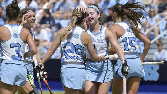 Megan DuVernois gets a pat on the head from Erin Matson after scoring a goal.
University of North Carolina Field Hockey v Michigan
Carolina Field Hockey Stadium
Chapel Hill, NC
Saturday, August 25, 2018
