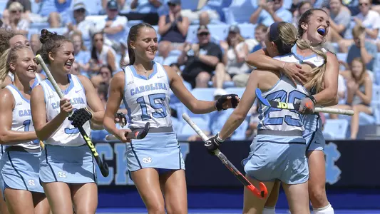 The Tar Heels celebrate scoring a goal against Michigan.
University of North Carolina Field Hockey v Michigan
Carolina Field Hockey Stadium
Chapel Hill, NC
Saturday, August 25, 2018