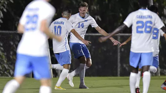 Nils Bruening (14) and Giovanni Montesdeoca (10) react to scoring against Clemson.
University of North Carolina Men's Soccer v Clemson
Wake Soccer Park
Cary, NC
Friday, September 28, 2018