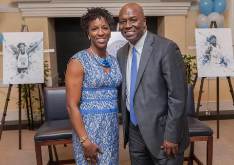 The Tar Heels Trailblazers Reception honoring the 2016 indcutees Sharon Couch-Fikes and Phil Ford was held on Saturday, February 20, 2016 at UNC's Kenan-Flagler Business School's Kenan Center. Couch-Fikes and Ford particiapted in a converstaion about their life and times at North Carolina moderated by current UNC student-athletes Kendra Douglas and Victoria McPherson of Track & Field and Volleyball, respectively. (photos by Kevin Seifert Photography | kevin@kevinseifertphoography.com | 919-208-9458)