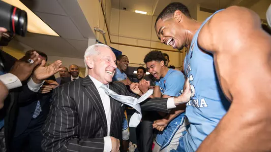 Roy Williams, Garrison Brooks, Cameron Johnson celebrate win at Duke 2019