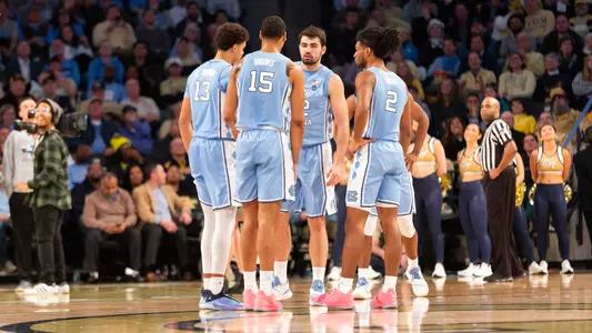 huddle vs Georgia Tech ACC Regular season mens basketball game at the McCamish Pavilion in Atlanta, GA, January 29, 2019, Final Score North Carolina 77 Georgia Tech 54