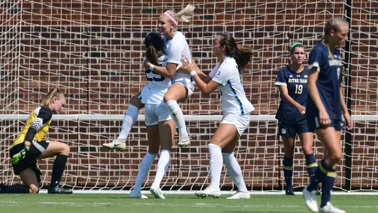 Bridgette Andrzejewski, Maycee Bell, Ru Mucherera celebrate scoring against Notre Dame.
University of North Carolina Women's Soccer v Notre Dame
Dorrance Field
Chapel Hill, NC
Sunday, September 29, 2019