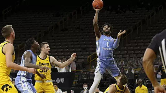 North Carolina Tar Heels guard Leaky Black (1) makes a basket during the first half of their B1G/ACC Challenge  game at Carver-Hawkeye Arena in Iowa City, Iowa on Tuesday, December 8, 2020. (Stephen Mally/hawkeyesports.com)