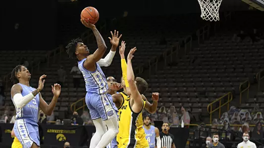 North Carolina Tar Heels guard Caleb Love (2) makes a basket during the first half of their B1G/ACC Challenge game at Carver-Hawkeye Arena in Iowa City, Iowa on Tuesday, December 8, 2020. (Stephen Mally/hawkeyesports.com)