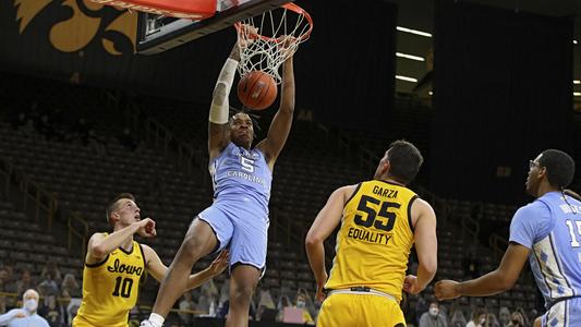 North Carolina Tar Heels forward Armando Bacot (5) dunks the ball during the second half of their B1G/ACC Challenge  game at Carver-Hawkeye Arena in Iowa City, Iowa on Tuesday, December 8, 2020. (Stephen Mally/hawkeyesports.com)