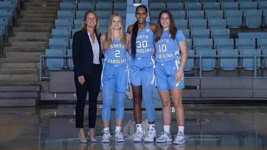 Carlie Littlefield, Eva Hodgson, Jaelynn Murray, Courtney Banghart University of North Carolina Women's Basketball Carmichael Arena Chapel Hill, NC Wednesday, October 6, 2021