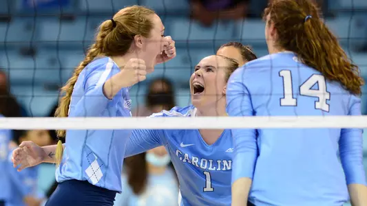 Meghan Neelon, Emily Zinger, celebration
University of North Carolina Volleyball v North Carolina State
Carmichael Arena 
Chapel Hill, NC 
Wednesday, October 20, 2021