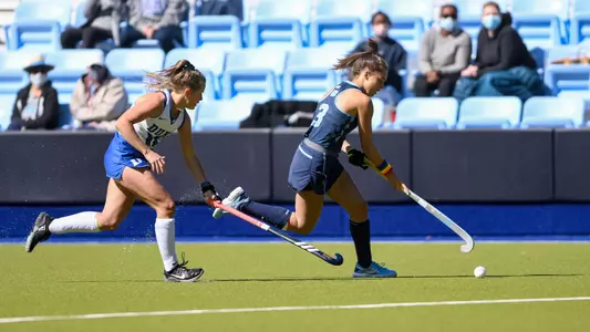 UNC junior forward Hannah Griggs (3) drives downfield in Karen Shelton Stadium on April 2, 2021. The Tar Heels beat the Blue Devils 4-3 in double overtime on their senior night.