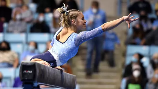 Elizabeth Culton balance beam University of North Carolina Gymnastics v Missouri, George Washington, Brown Carmichael Arena Chapel Hill, NC Saturday, January 22, 2022