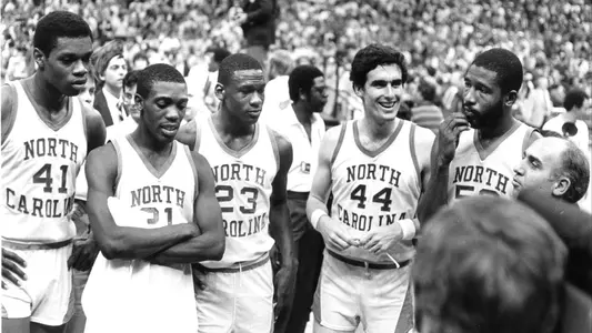 1982 NCAA champions (L-R):  Sam Perkins, Jimmy Black, Michael Jordan, Matt Doherty, James Worthy.