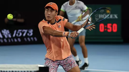 Rinky Hijikata of (AUS) (front) and Jason Kubler of (AUS) play Hugo Nys of (MON) and Jan Zielinski of (POL) in the Men's Doubles Final on Rod Laver Arena, Day 13 of the 2023 Australian Open at Melbourne Park, Saturday, January 28, 2023. MANDATORY PHOTO CREDIT Tennis Australia/ HAMISH BLAIR
