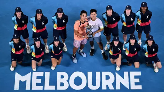 Rinky HIJIKATA (AUS) and Jason KUBLER (AUS) celebrate defeating Jan ZIELINSKI (POL) and Hugo NYS (MON) on Rod Laver Arena, Day 13 of the 2023 Australian Open at Melbourne Park, Sunday, January 29, 2023. MANDATORY PHOTO CREDIT Tennis Australia/ MORGAN HANCOCK