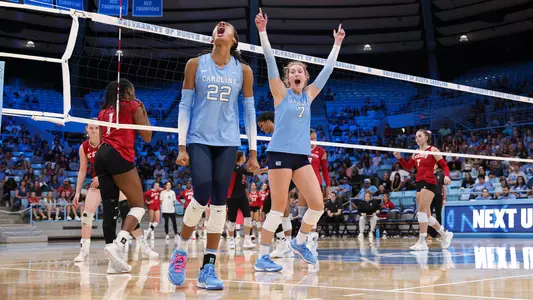 Freshman Safi Hampton (22) and sophomore Sadie Swift (7) react to a kill against N.C. State in Carmichael Arena Sunday afternoon