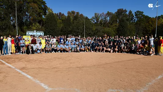 Student-Athletes from UNC Baseball, Softball, Men's Lacrosse, and Women's Lacrosse pose for a photo after the third annual Heel-O-Ween LaxBall game on October 29, 2023