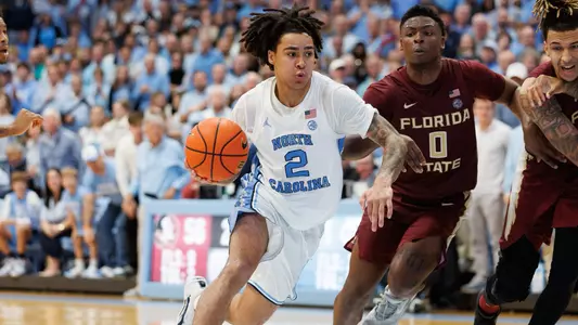 Elliot Cadeau #2 of the North Carolina Tar Heels on December 2, 2023, at Dean Smith Center in Chapel Hill, North Carolina.