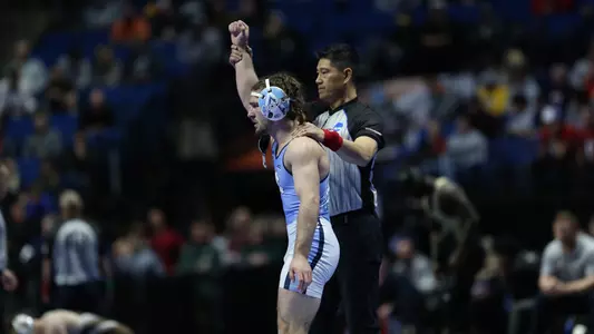 Austin O’Connor during the second session of competition at the NCAA men’s Wrestling National Championship in Tulsa, Okla. on Wednesday, March 16, 2023. (Photo by Dave Crenshaw for the University of North Carolina)