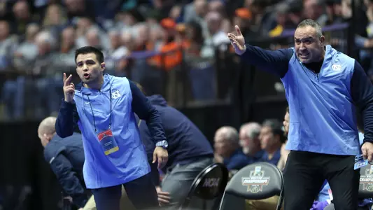 Tony Ramos and Mo Abdelfatah during the first session of competition at the NCAA men’s Wrestling National Championship in Tulsa, Okla. on Wednesday, March 16, 2023. (Photo by Dave Crenshaw for the University of North Carolina)