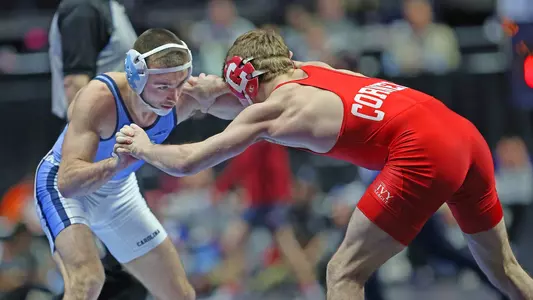 Lachlan McNeil during the second session of competition at the NCAA men’s Wrestling National Championship in Tulsa, Okla. on Wednesday, March 16, 2023. (Photo by Dave Crenshaw for the University of North Carolina)