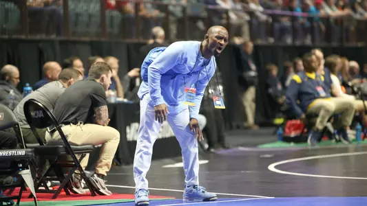 Jamill Kelly during the first session of competition at the NCAA men’s Wrestling National Championship in Tulsa, Okla. on Wednesday, March 16, 2023. (Photo by Dave Crenshaw for the University of North Carolina)