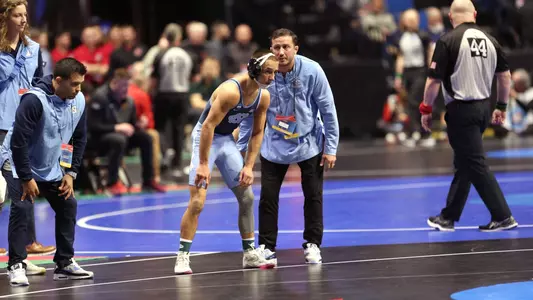 Jack Wagner and Coleman Scott during the first session of competition at the NCAA men’s Wrestling National Championship in Tulsa, Okla. on Wednesday, March 16, 2023. (Photo by Dave Crenshaw for the University of North Carolina)