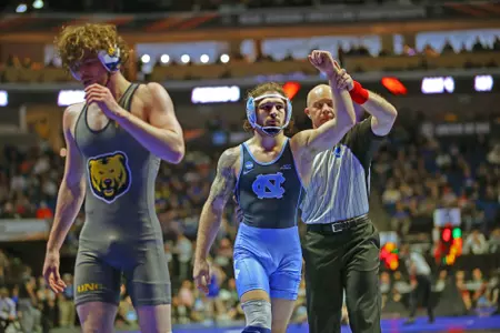 Austin O’Connor during the first session of competition at the NCAA men’s Wrestling National Championship in Tulsa, Okla. on Wednesday, March 16, 2023. (Photo by Dave Crenshaw for the University of North Carolina)