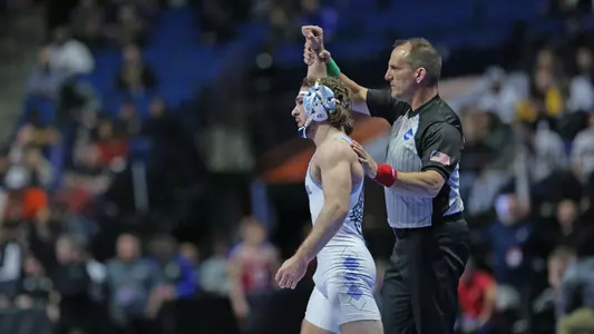 Austin O’Connor during the third session of competition at the NCAA men’s Wrestling National Championship in Tulsa, Okla. on Wednesday, March 17, 2023. (Photo by Dave Crenshaw for the University of North Carolina)