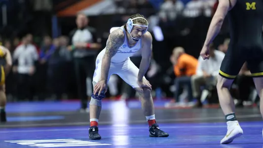 Austin O’Connor during the third session of competition at the NCAA men’s Wrestling National Championship in Tulsa, Okla. on Wednesday, March 17, 2023. (Photo by Dave Crenshaw for the University of North Carolina)