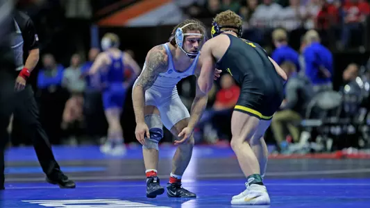 Austin O’Connor during the third session of competition at the NCAA men’s Wrestling National Championship in Tulsa, Okla. on Wednesday, March 17, 2023. (Photo by Dave Crenshaw for the University of North Carolina)
