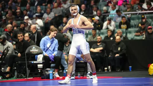 Lachlan McNeil during the final round in the NCAA men’s Wrestling National Championship in Tulsa, Okla. on Wednesday, March 18, 2023. (Photo by Dave Crenshaw for the University of North Carolina)