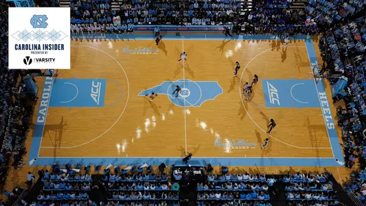 CHAPEL HILL, NC - MARCH 04: A overhead general view of the Dean E. Smith Center during a game between the North Carolina Tar Heels and the Duke Blue Devils on March 04, 2023 at the Dean Smith Center in Chapel Hill, North Carolina. Duke won 62-57. Pictured is R.J. Davis #4 of the North Carolina Tar Heels dribbling the ball. (Photo by Peyton Williams/UNC/Getty Images) *** Local Caption *** R.J. Davis
