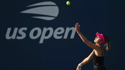 Fiona Crawley serves during a women's qualifying singles match at the 2023 US Open on Tuesday. The US Open Main Draw tournament begins on Monday with the doubles tournament set to begin on Wednesday.