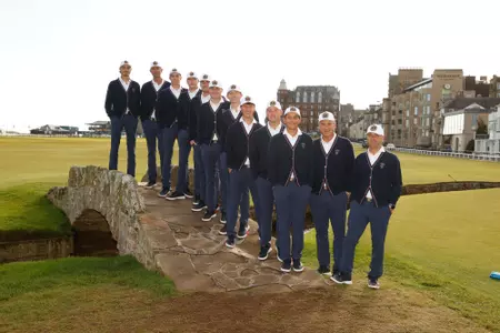 Team USA poses for a photo on the historic Swilcan Bridge on hole 18 before a practice round ahead of the 2023 Walker Cup at the Old Course in St. Andrews, Scotland on Friday, Sept. 1, 2023. (Chris Keane/USGA)