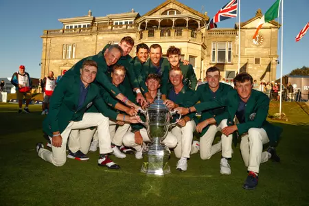 Team USA poses with the trophy after defeating team GB&I 14.5 to 11.5 during the 2023 Walker Cup at Old Course in St. Andrews, Scotland on Sunday, Sept. 3, 2023. (Chris Keane/USGA)