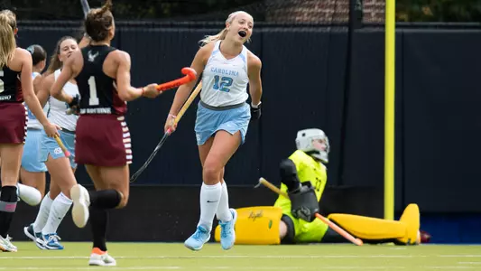 Junior Ryleigh Heck reacts to scoring a goal against Boston College at Karen Shelton Stadium Sunday afternoon.