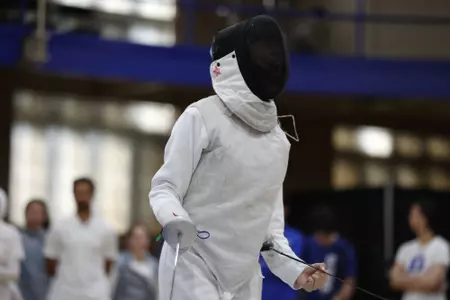 Fencing vs Duke Foilist celebrating